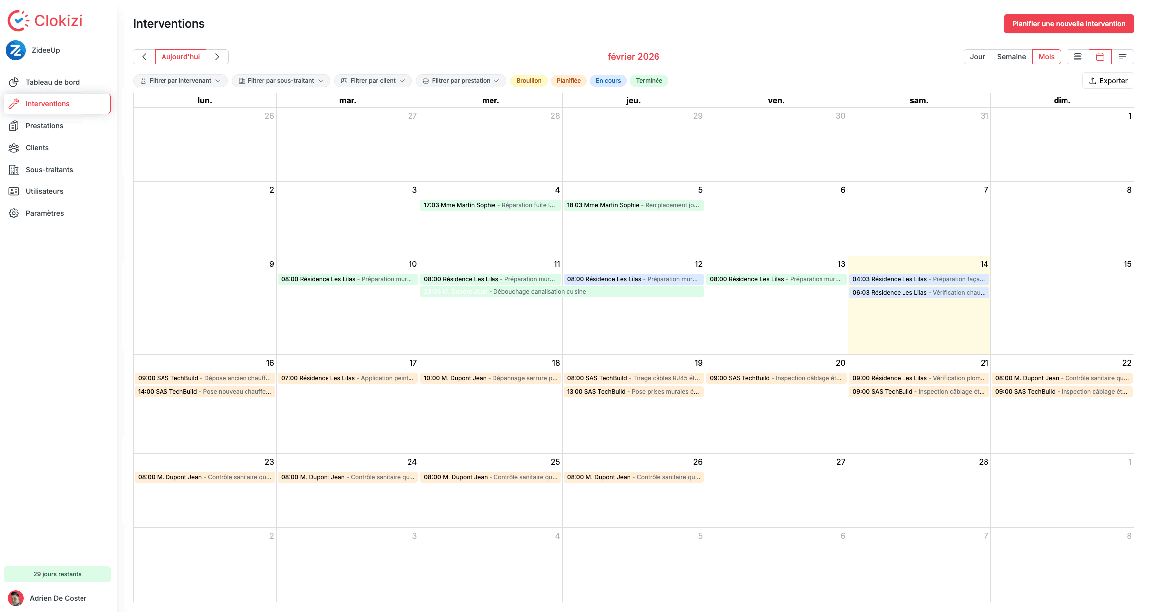 Screenshot of the intervention planning calendar